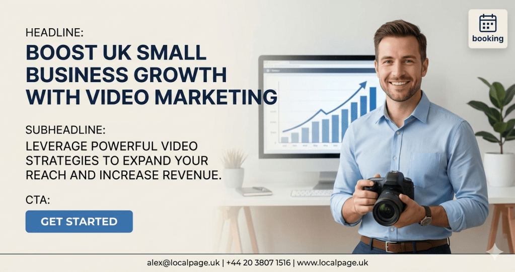 A clean, professional image showing a small business owner in the UK holding a camera, representing a strategic approach to video marketing on YouTube for growth.
