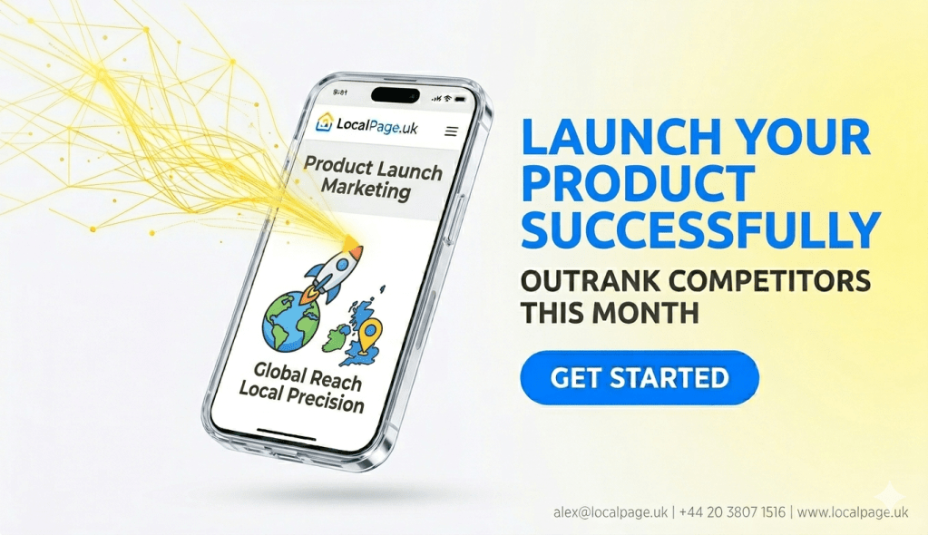 Hero image showing product launch marketing with glowing yellow accents rocket icon and blue CTA button